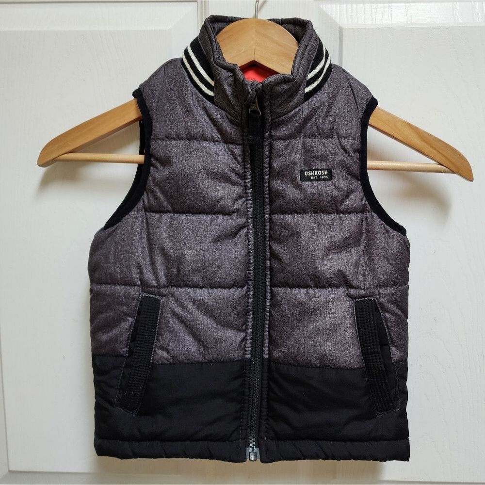 Oshkosh B'gosh Puffer Vest Boys 4T Black Gray Colorblock Zip Pockets Knit Collar